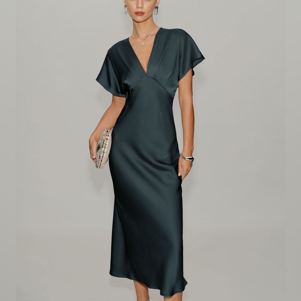 Rihoas Grey Green Satin Cowl Sleeve Midi Dress